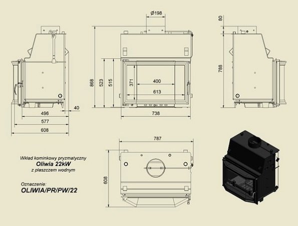 Топка с водяным контуром OLIWIA/PR/PW/22, призматическое стекло_2 Топка с водяным контуром OLIWIA/PR/PW/22, призматическое стекло_2